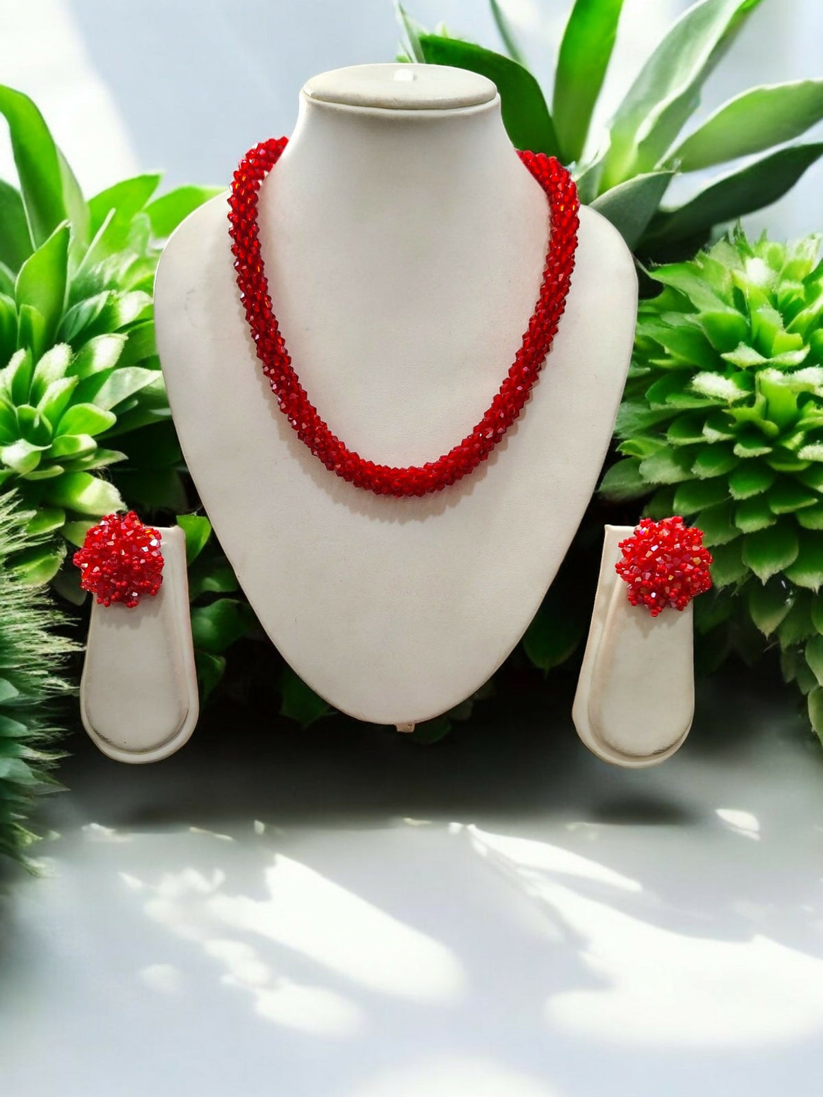 Inhanns Noor-E-Jalwa – Handmade Crystal Bead Necklace / Necklace With Earrings -Adjustable - Red | Grocsy