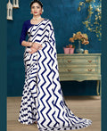 Blue Japan Satin Stripe Printed Saree With Unstitched Blouse Piece - Laavanya | Grocsy