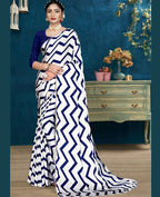 Blue Japan Satin Stripe Printed Saree With Unstitched Blouse Piece - Laavanya | Grocsy