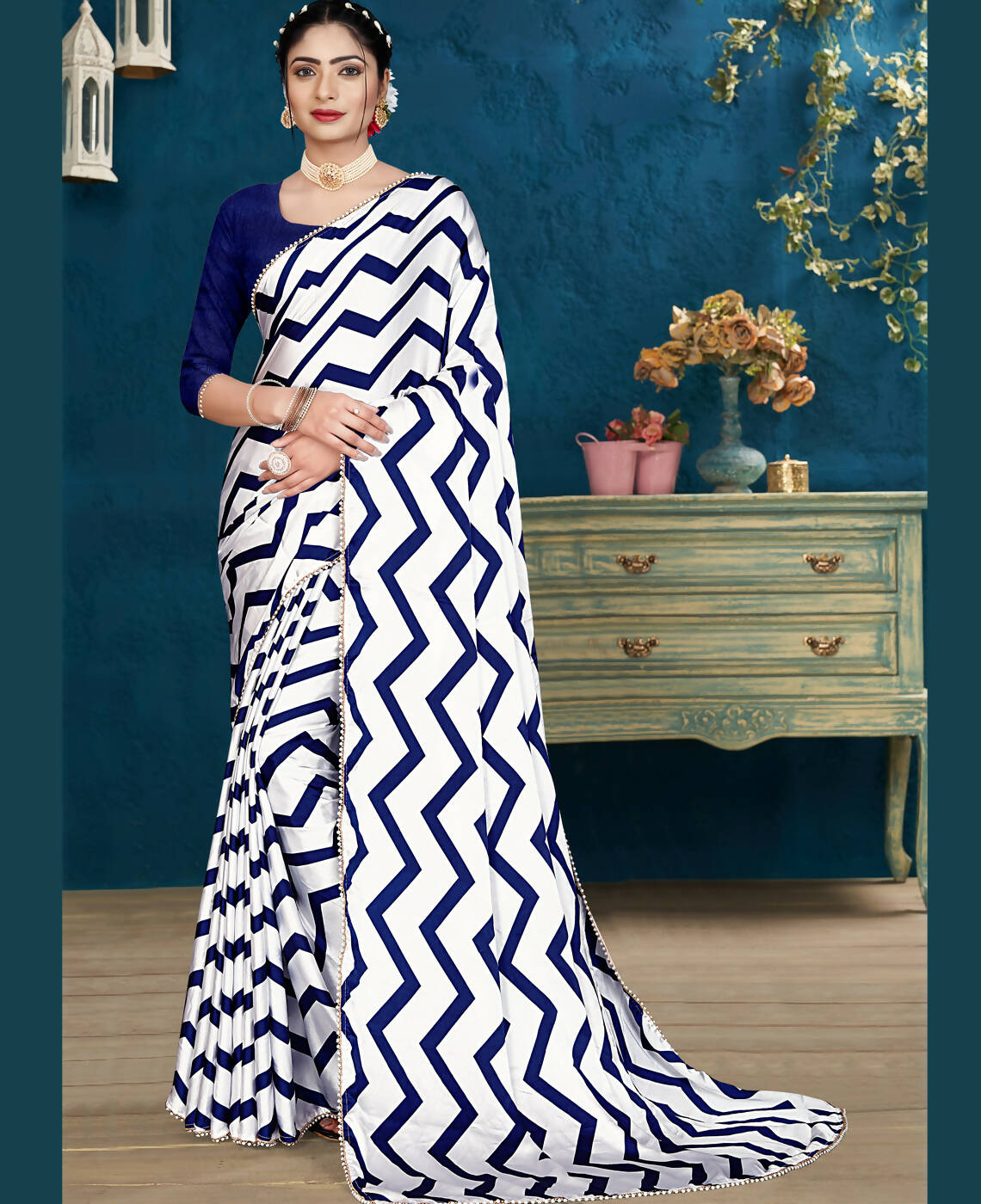Blue Japan Satin Stripe Printed Saree With Unstitched Blouse Piece - Laavanya | Grocsy