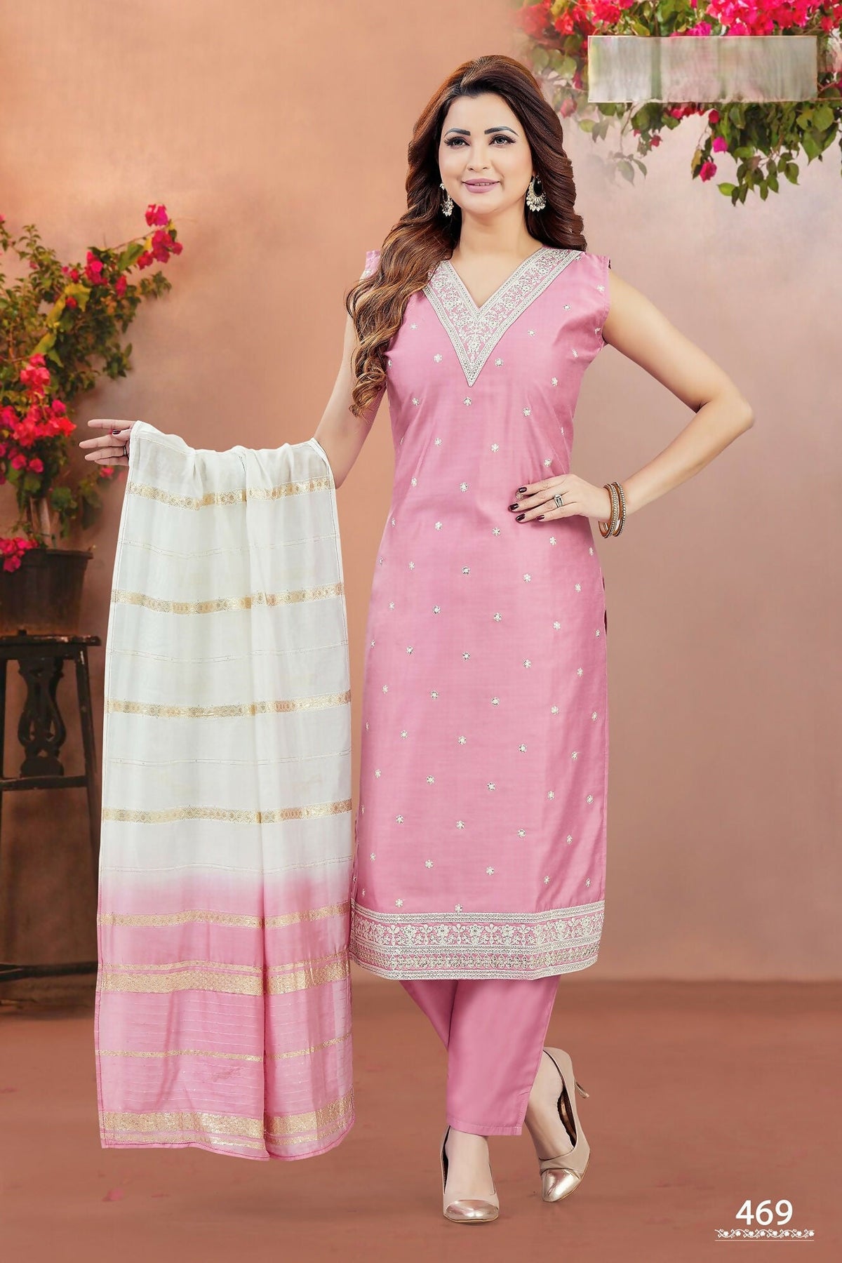 Joban Fashion Women Chanderi Silk Baby Pink V Neck Emroidery Kurta Set | Grocsy