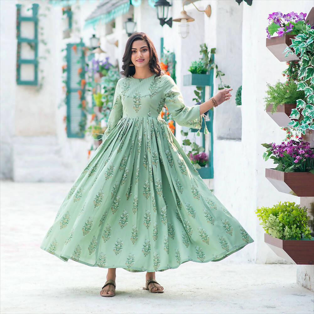 Partywear Designer Digital Printed Moss Green Pure Maslin Gown - Anbazaar | Grocsy