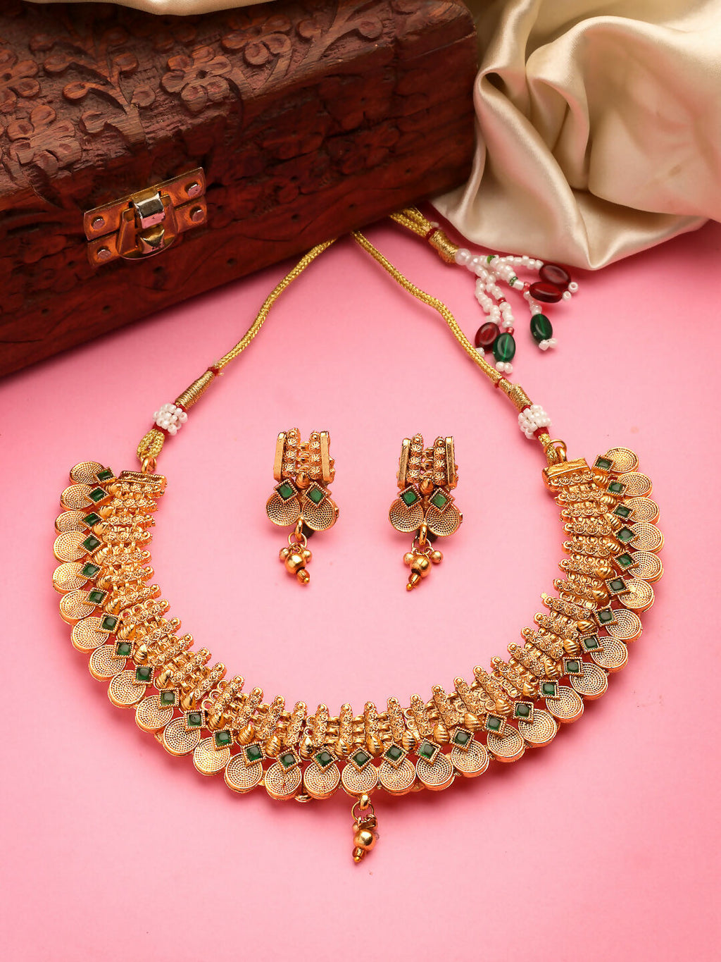 NVR Women's Gold-Polished Green Stone Studded Handcrafted Temple Jewellery Set | Grocsy