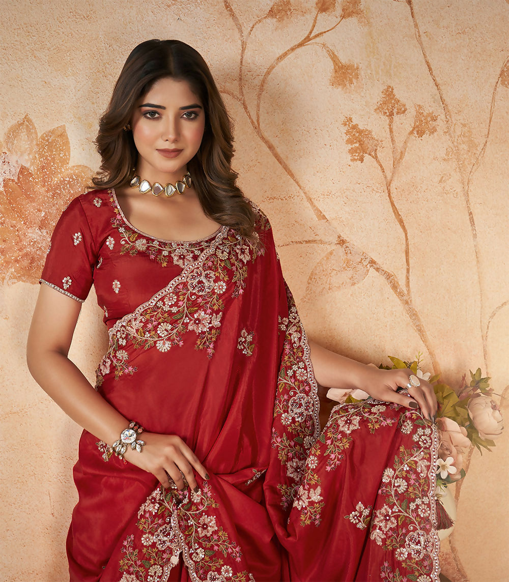 Red Upada Silk Sequence & Cord Embroidered with Stone Work Saree - Mohmanthan Dakshika | Grocsy