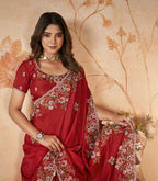 Red Upada Silk Sequence & Cord Embroidered with Stone Work Saree - Mohmanthan Dakshika | Grocsy