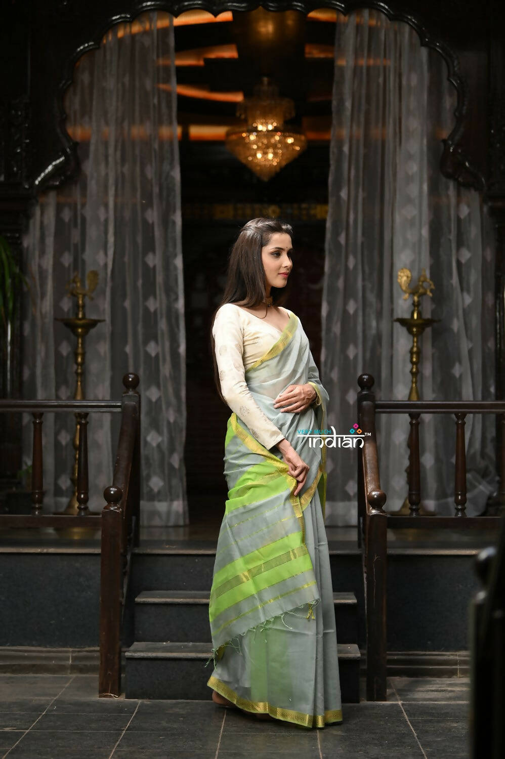 Very Much Indian VMI Exclusive Designer! Handloom Cotton Silk Saree With Sleek Golden Border - Sage Grey | Grocsy