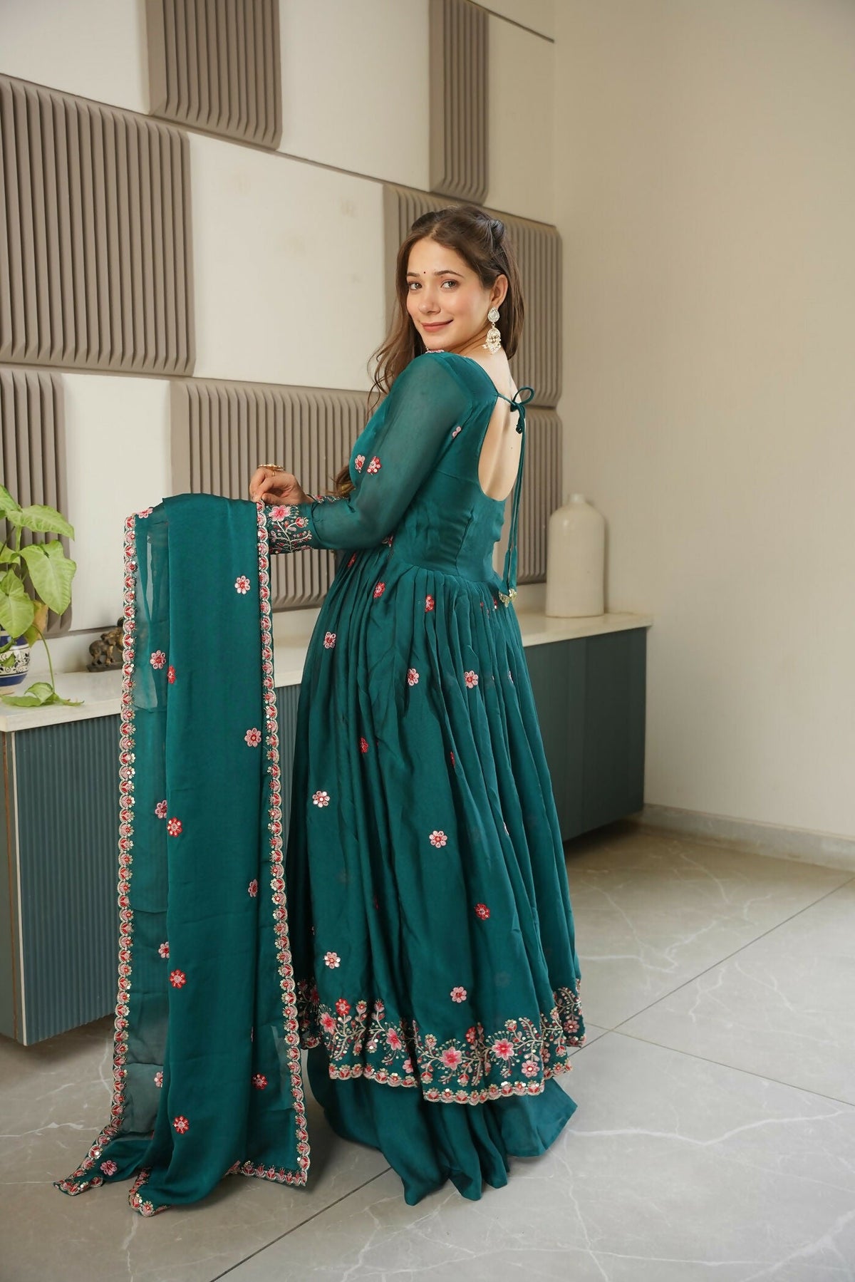 Teeya Creation Rama Color Heavy Crush Silk Wedding Wear Embroidery Work Long Gown | Grocsy