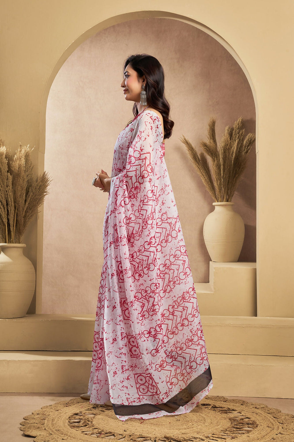 Vastranavya White Red Digital Printed Linen Ready To Wear Designer Saree with Unstitched Blouse | Grocsy