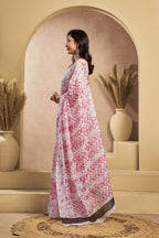 Vastranavya White Red Digital Printed Linen Ready To Wear Designer Saree with Unstitched Blouse | Grocsy