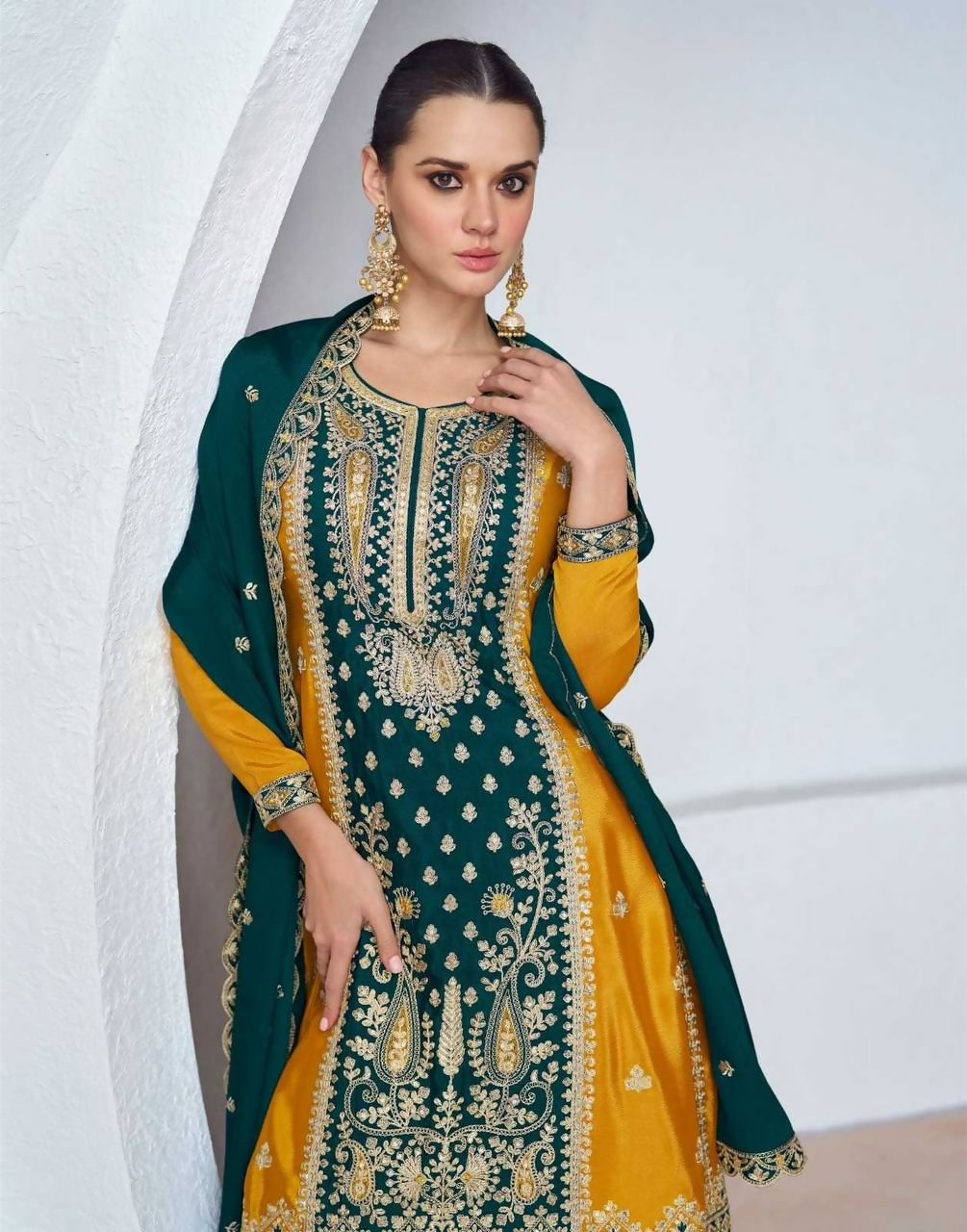 Lorenvalley Fashion Yellow and Rama Chinon Embroidery With Sequince Work Salwar Kameez Stitched | Grocsy
