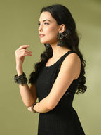 Myshka Women's Black Embroidered Cotton Straight Party Kurta Set | Grocsy