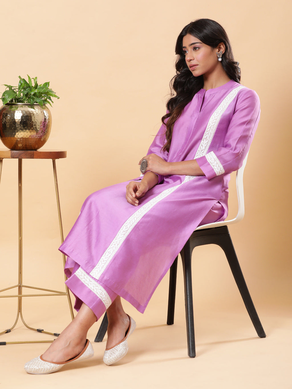 BohoJazz Lucknowi Handwork with Sequin Chanderi Kurta Pant - Purple | Grocsy