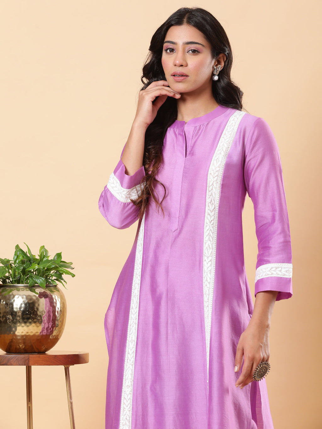 BohoJazz Lucknowi Handwork with Sequin Chanderi Kurta Pant - Purple | Grocsy
