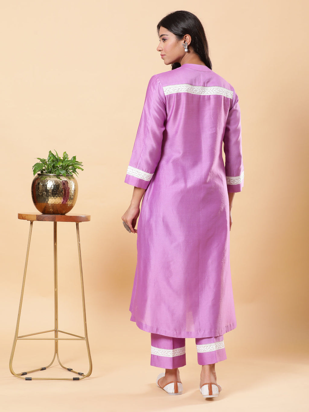 BohoJazz Lucknowi Handwork with Sequin Chanderi Kurta Pant - Purple | Grocsy