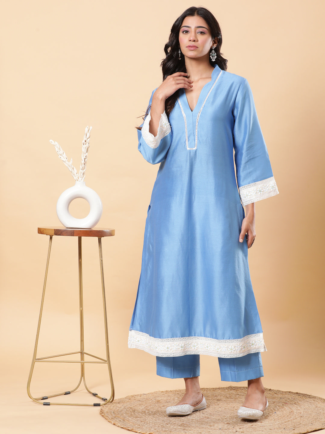 BohoJazz Lucknowi Handwork with Pearls Chanderi Kurta Pant - Blue | Grocsy