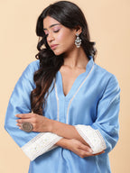 BohoJazz Lucknowi Handwork with Pearls Chanderi Kurta Pant - Blue | Grocsy
