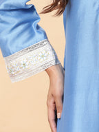 BohoJazz Lucknowi Handwork with Pearls Chanderi Kurta Pant - Blue | Grocsy