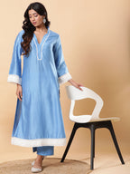 BohoJazz Lucknowi Handwork with Pearls Chanderi Kurta Pant - Blue | Grocsy