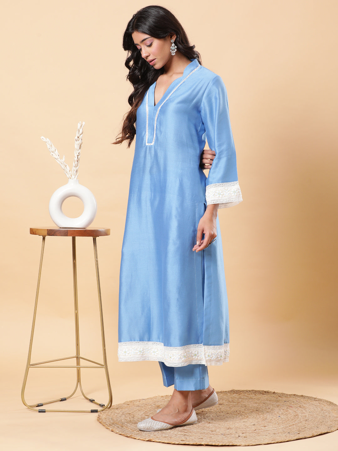 BohoJazz Lucknowi Handwork with Pearls Chanderi Kurta Pant - Blue | Grocsy