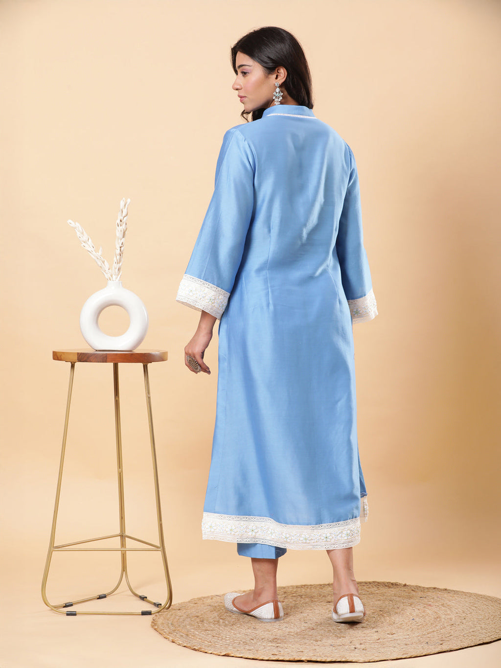BohoJazz Lucknowi Handwork with Pearls Chanderi Kurta Pant - Blue | Grocsy