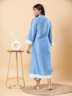 BohoJazz Lucknowi Handwork with Pearls Chanderi Kurta Pant - Blue | Grocsy