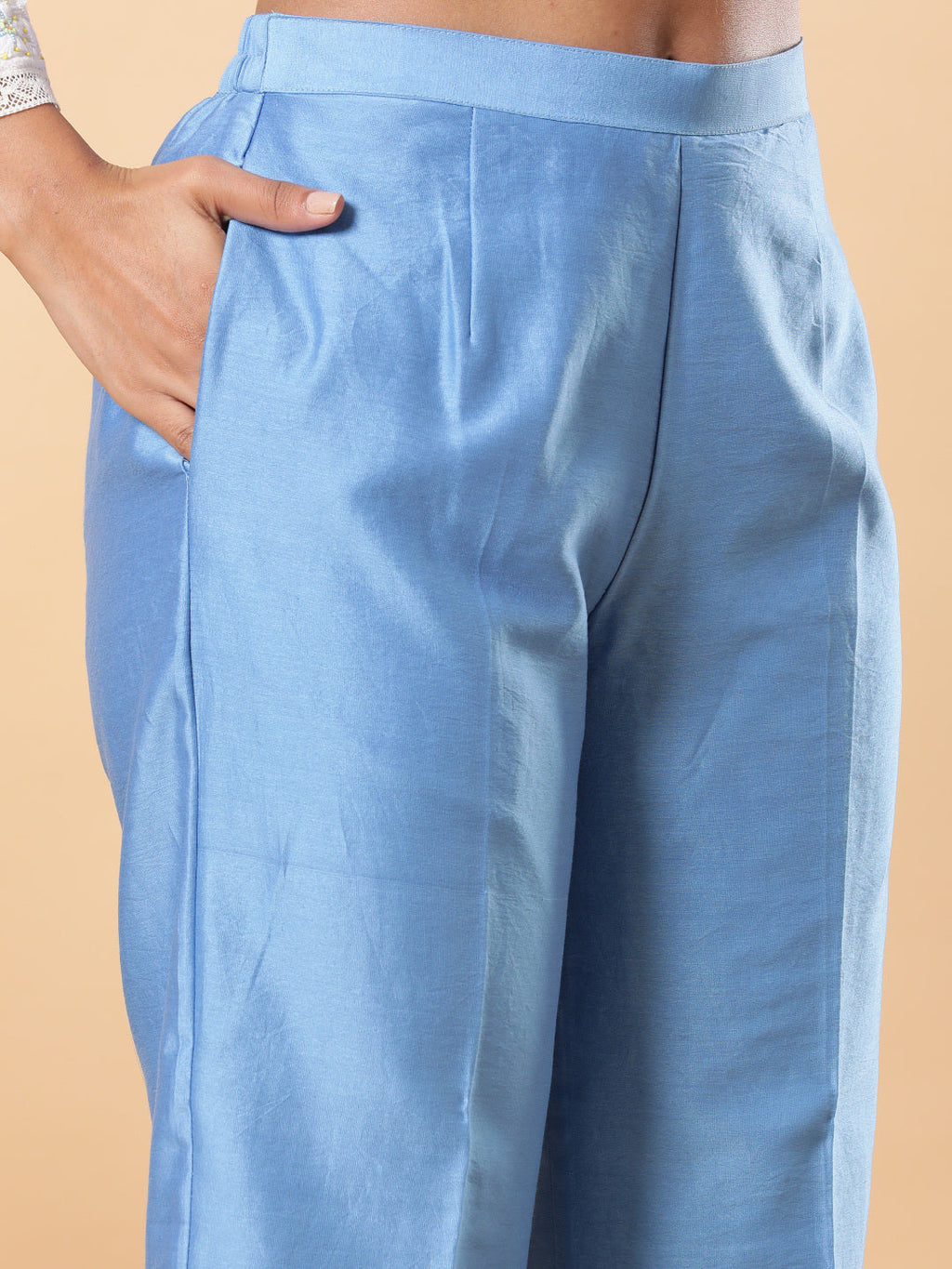 BohoJazz Lucknowi Handwork with Pearls Chanderi Kurta Pant - Blue | Grocsy