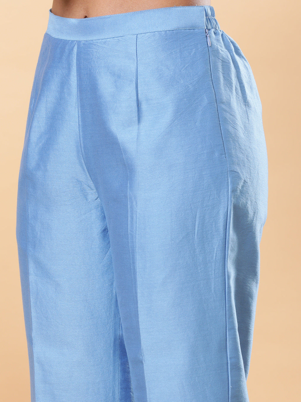BohoJazz Lucknowi Handwork with Pearls Chanderi Kurta Pant - Blue | Grocsy