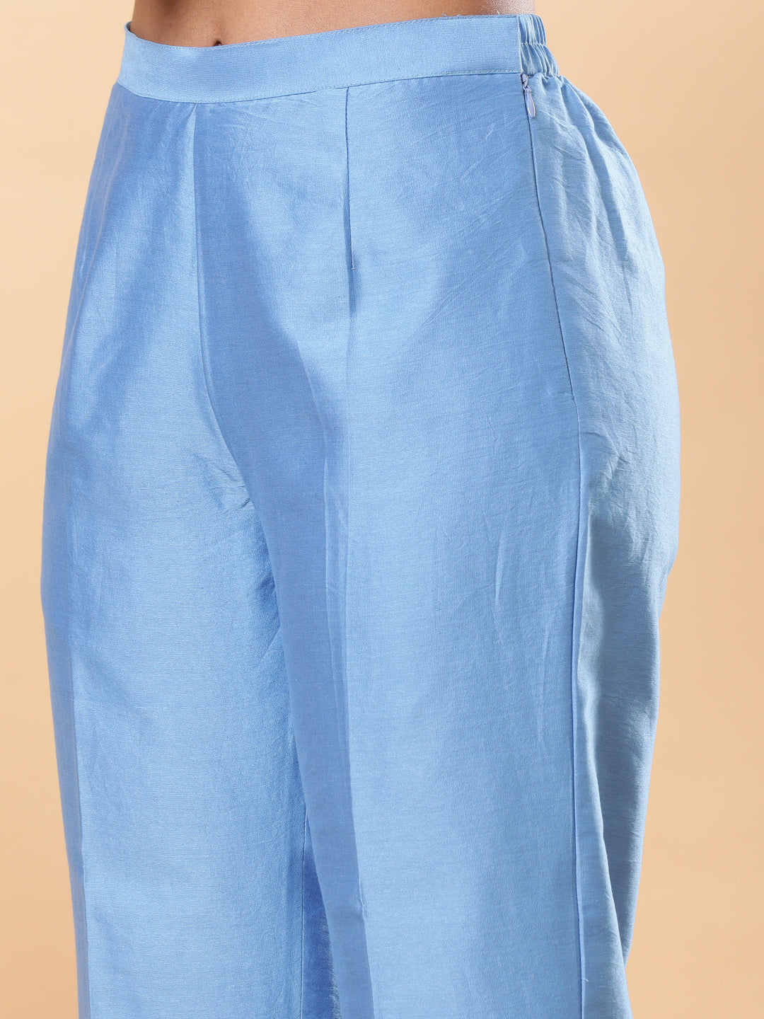 BohoJazz Lucknowi Handwork with Pearls Chanderi Kurta Pant - Blue | Grocsy