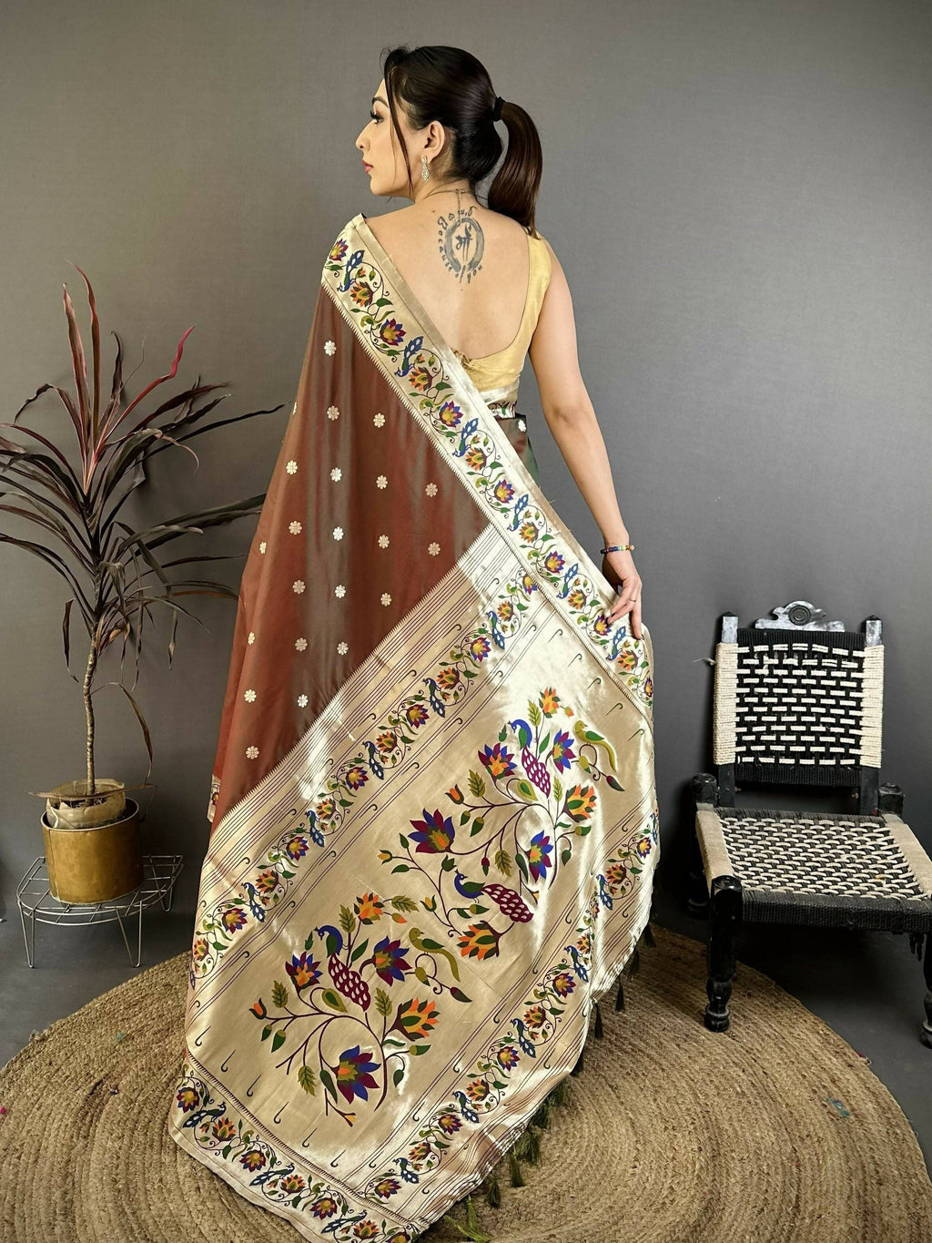 Prime Volt Premium Soft Silk Mayur Paithani Saree with Peacock Meena Weaving & Rich Pallu-Brown | Grocsy