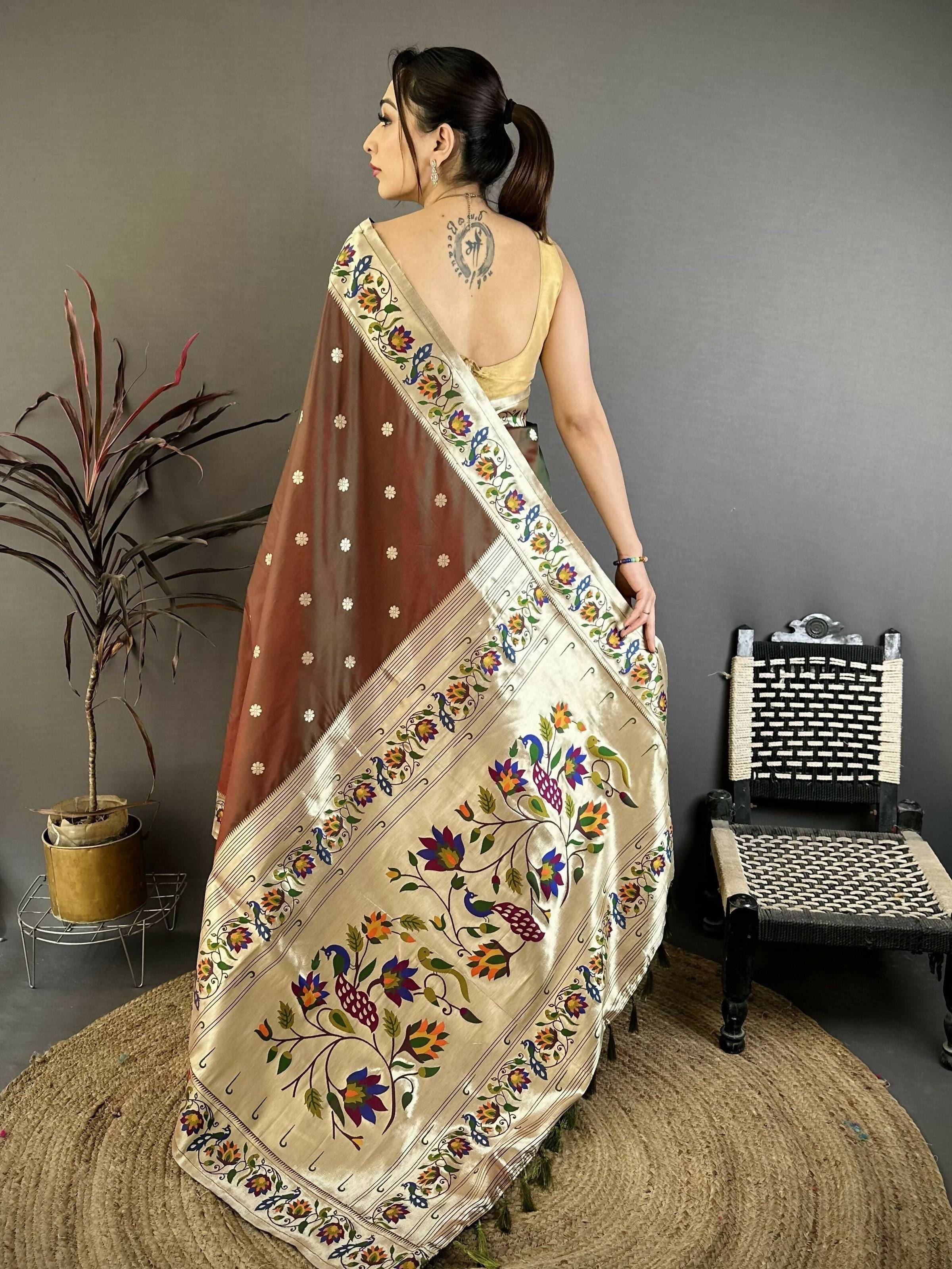Prime Volt Premium Soft Silk Mayur Paithani Saree with Peacock Meena Weaving & Rich Pallu-Brown | Grocsy