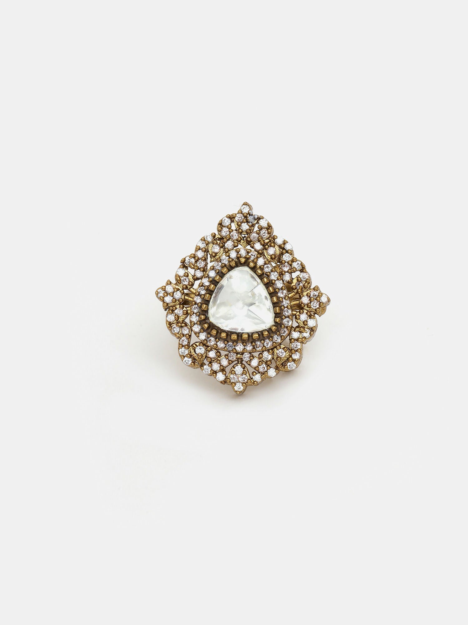 Ruby Raang Festive Gold Polished White Kundan Ring | Grocsy