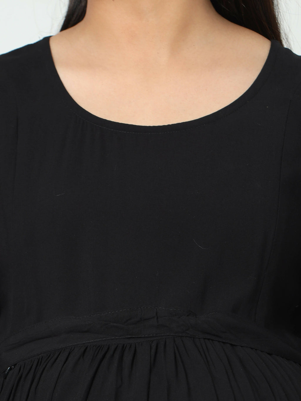 Manet Maternity Frill Slevee Solid Dress With Concealed Zipper Nursing Access - Black | Grocsy