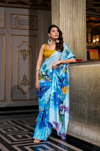 Vastranavya Sea Blue Satin Silk Printed Saree with Hotfix Work Unstitched Blouse | Grocsy