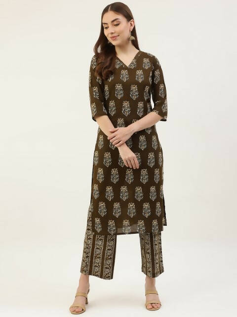 FIORRA Women's Mahendi Green Cotton Straight Kurta Set | Grocsy