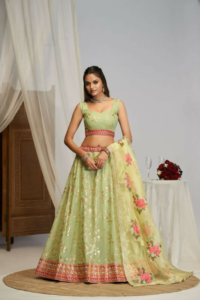 Pista Green Floral Georgette Sequence Work Lehenga Choli - Jihu Culture | Grocsy