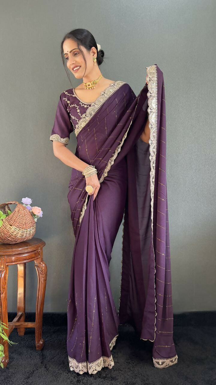 Vastranavya Purple Georgette Silk Swarovski & Heavy Lace Work Ready to Wear Saree | Grocsy