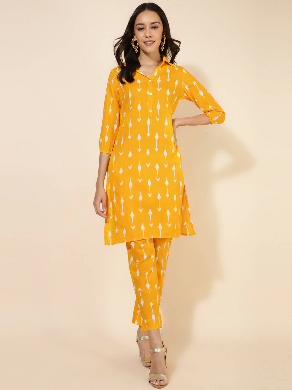 Janasya Women's Yellow Cotton Ikkat Printed Casual Straight Co-ords | Grocsy