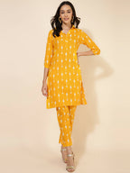 Janasya Women's Yellow Cotton Ikkat Printed Casual Straight Co-ords | Grocsy