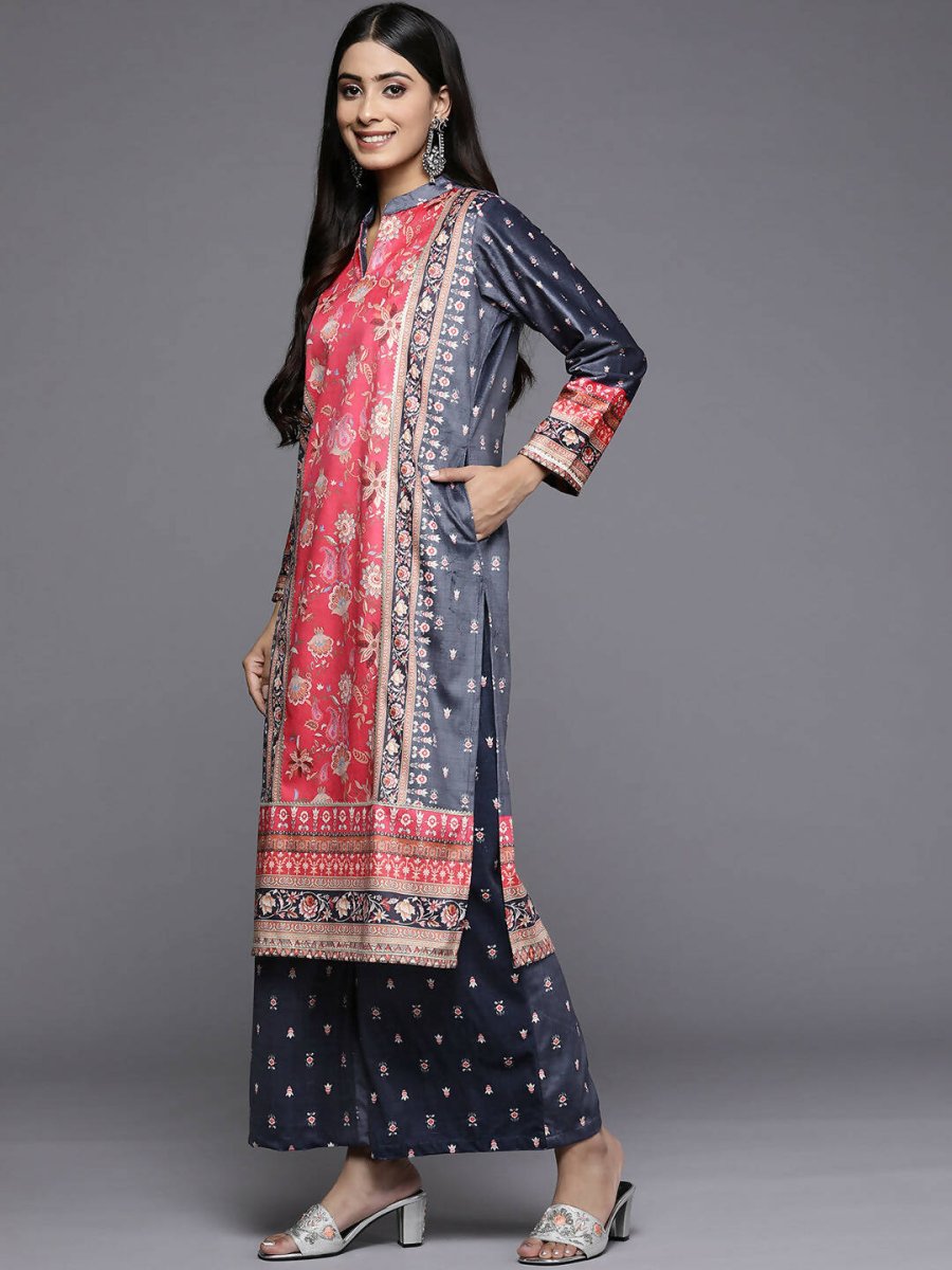 Ahalyaa Women Navy Blue Ethnic Motifs Printed Gotta Patti Velvet Kurta with Palazzos | Grocsy