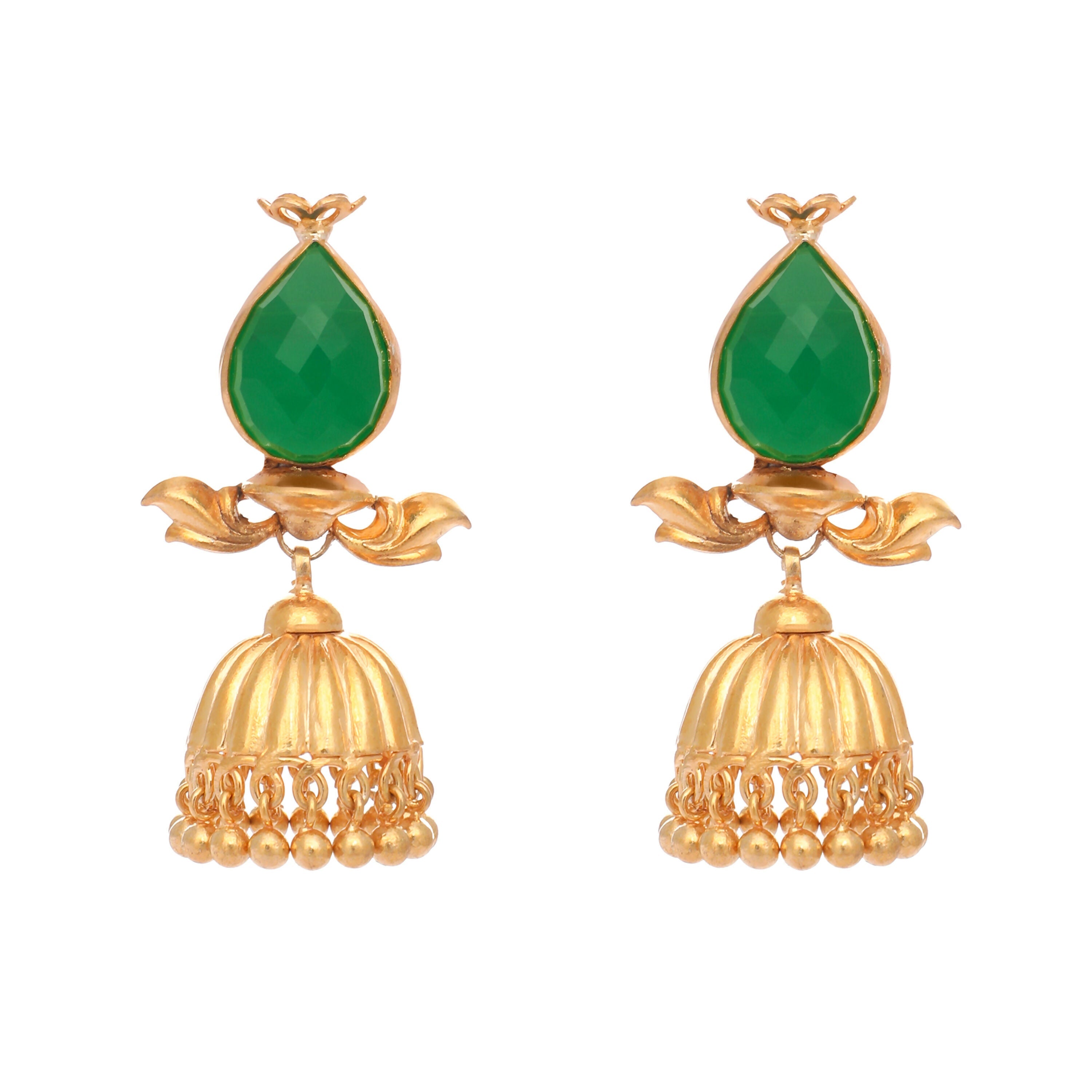 Nuyug 22K Gold Plated Emerald Stone Studded Ethnic Jhumkas | Grocsy