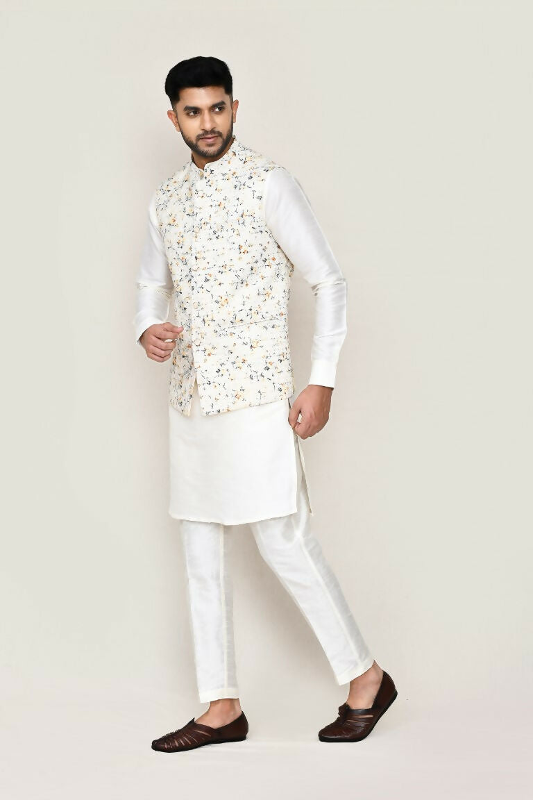 Joban Fashion White Colored Art Silk Fabric Kurta, Jacket With Straight Fit Pant | Grocsy