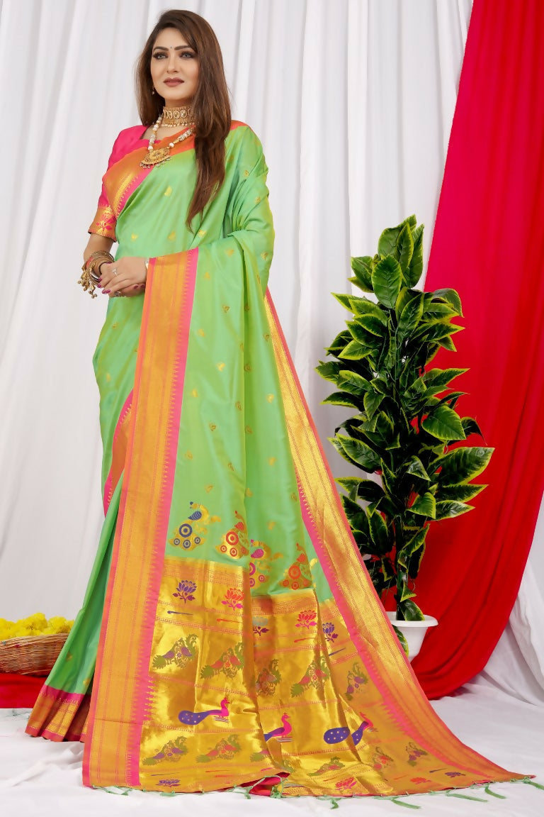 Jyoti Fashion Women's Green Paithani Silk Zari Woven Saree with Blouse | Grocsy