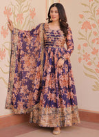 Prazu Fashion Purple Russian Silk Embroidered Gown With Dupatta | Grocsy
