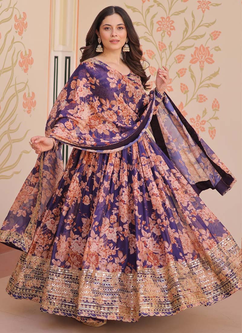 Prazu Fashion Purple Russian Silk Embroidered Gown With Dupatta | Grocsy