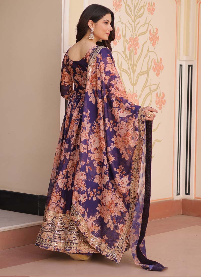 Prazu Fashion Purple Russian Silk Embroidered Gown With Dupatta | Grocsy