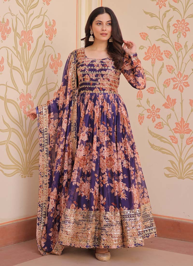 Prazu Fashion Purple Russian Silk Embroidered Gown With Dupatta | Grocsy
