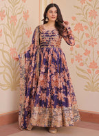 Prazu Fashion Purple Russian Silk Embroidered Gown With Dupatta | Grocsy
