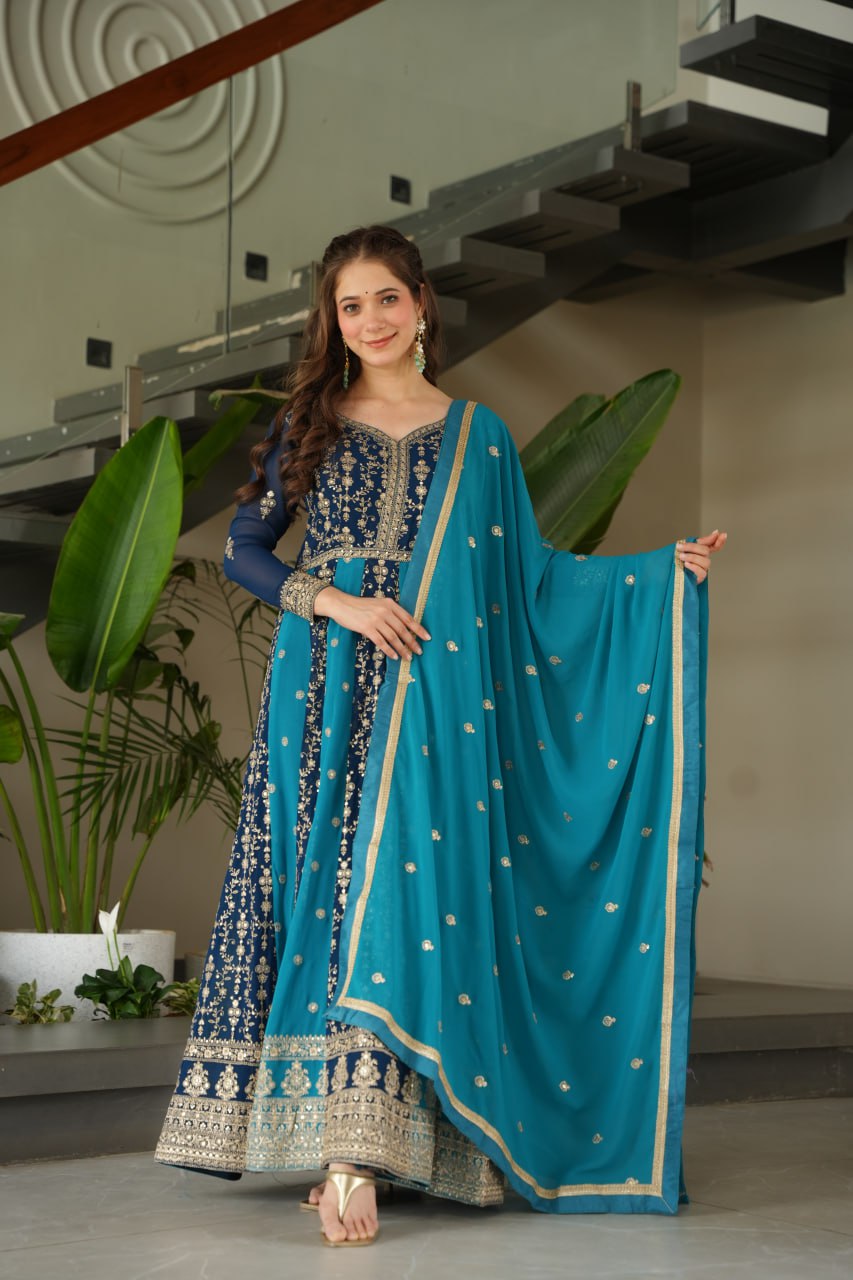 Prazu Fashion Blue Georgette With Zari & Sequins Gown | Grocsy