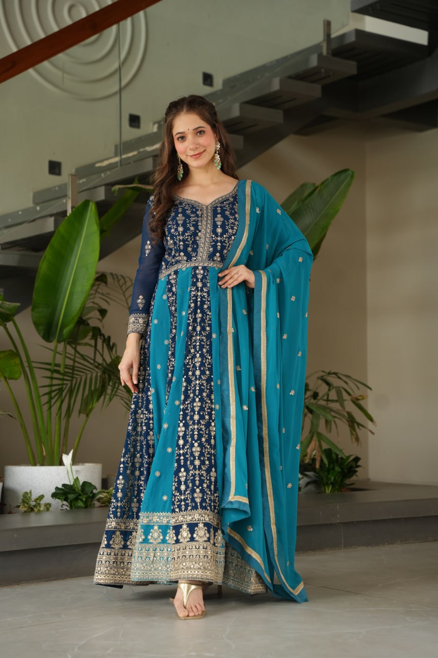 Prazu Fashion Blue Georgette With Zari & Sequins Gown | Grocsy
