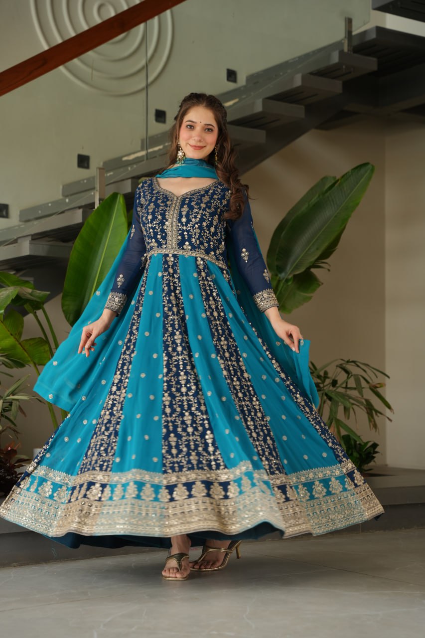 Prazu Fashion Blue Georgette With Zari & Sequins Gown | Grocsy